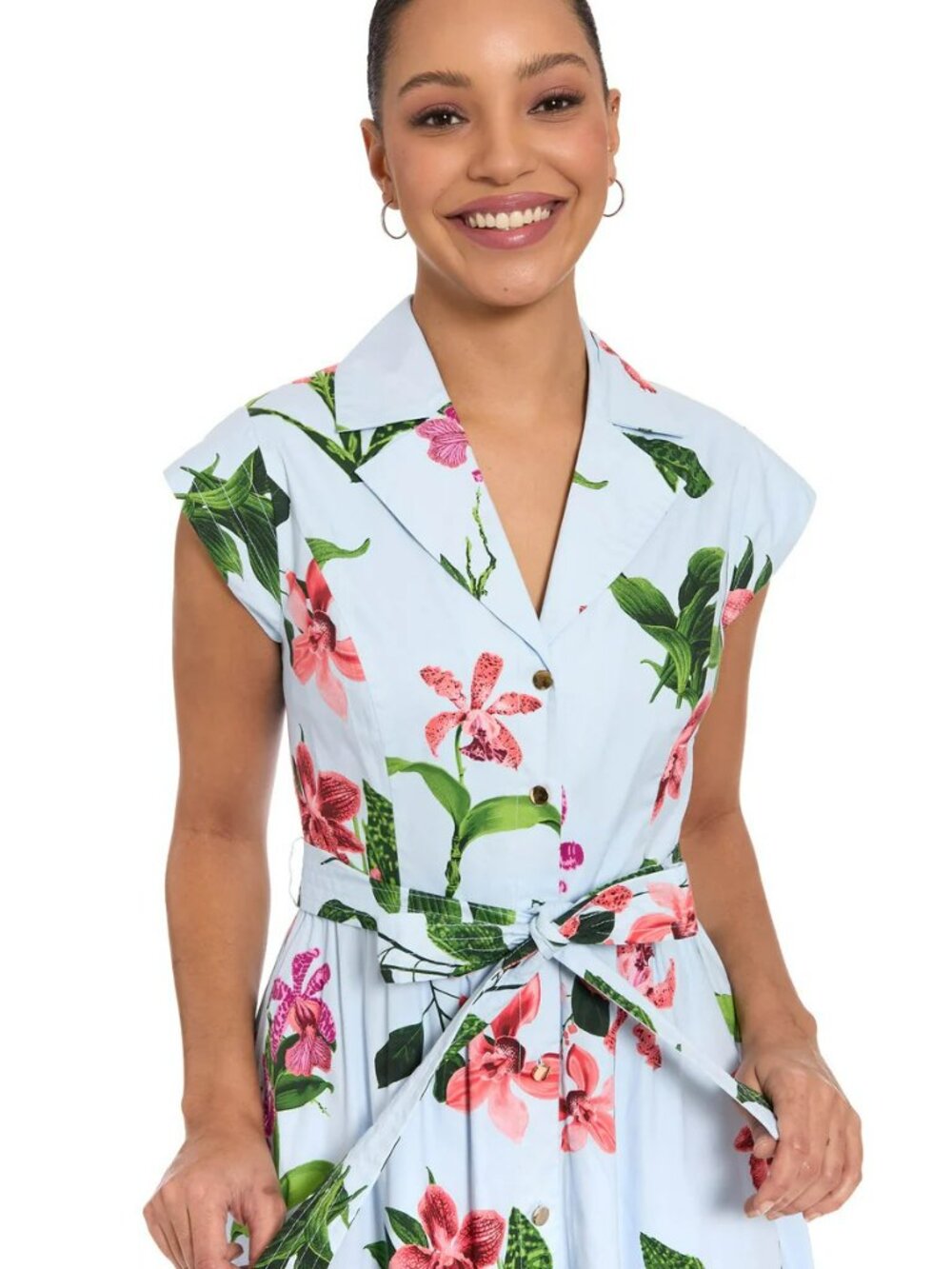 NWT London Times Rosemary Cotton Belted Shirt Dress – Sky Blue / Sunkist Coral - Picture 5 of 5
